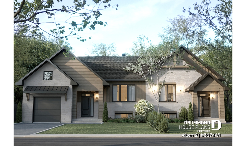 Color version 1 - Front - Semi-detached model with garage on one side, 3 bedrooms and 2 bathrooms per unit, open concept - Albert 2