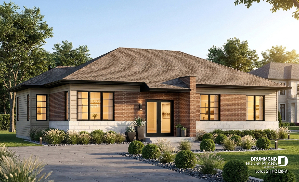 front - BASE MODEL - 3 bedroom modern house plan, open living space, affordable to build, great look - Lotus 2