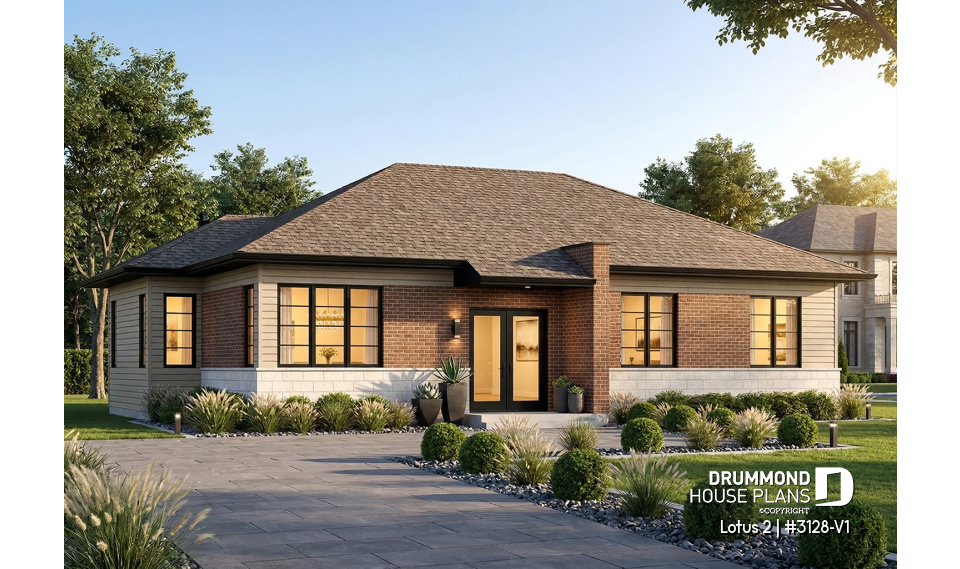 front - BASE MODEL - 3 bedroom modern house plan, open living space, affordable to build, great look - Lotus 2