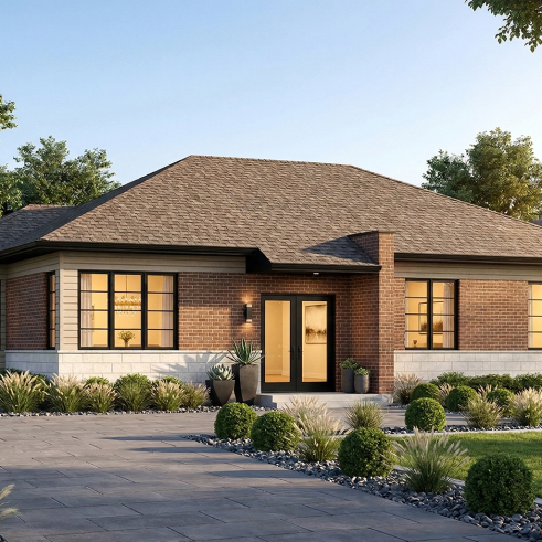 front - BASE MODEL - 3 bedroom modern house plan, open living space, affordable to build, great look - Lotus 2