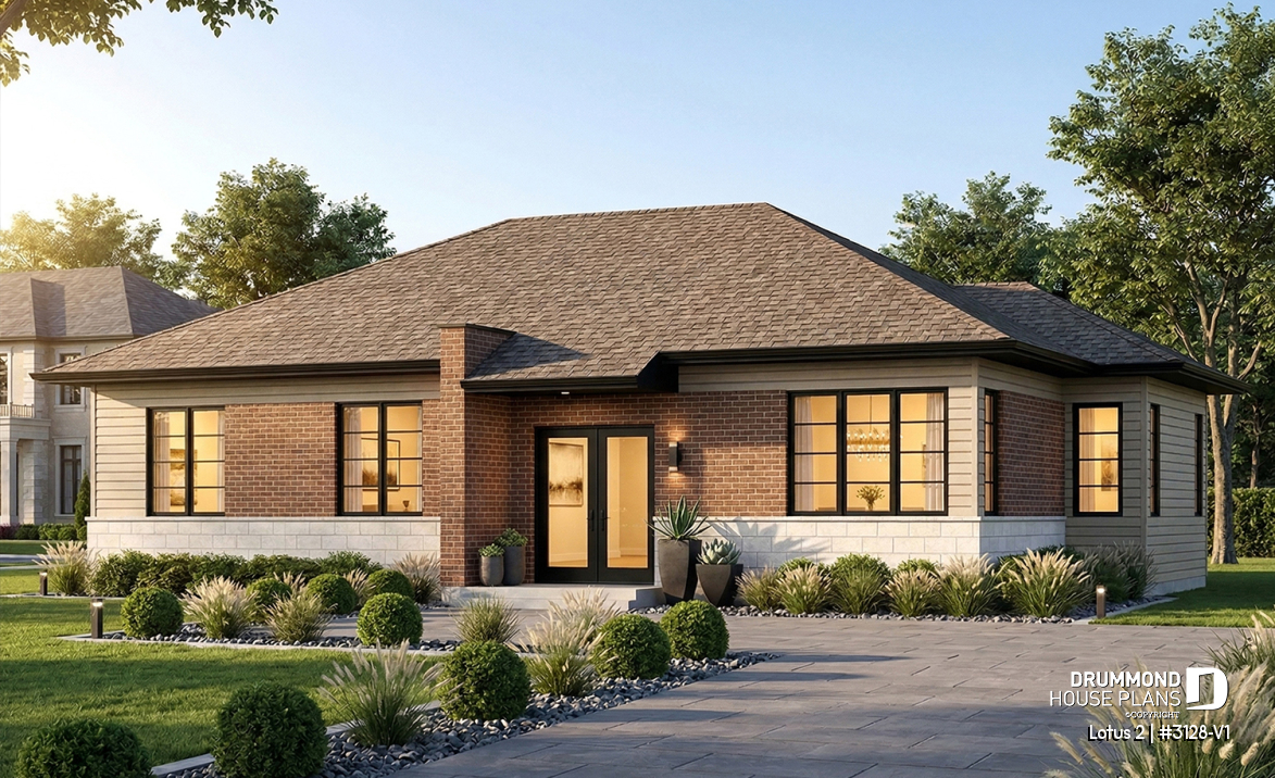 front - BASE MODEL - 3 bedroom modern house plan, open living space, affordable to build, great look - Lotus 2