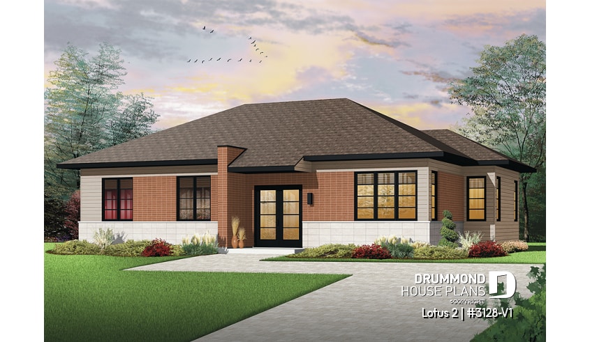 front - BASE MODEL - 3 bedroom modern house plan, open living space, affordable to build, great look - Lotus 2