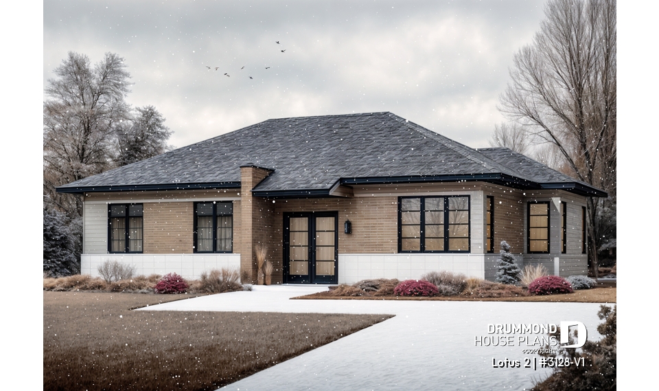 front - BASE MODEL - 3 bedroom modern house plan, open living space, affordable to build, great look - Lotus 2