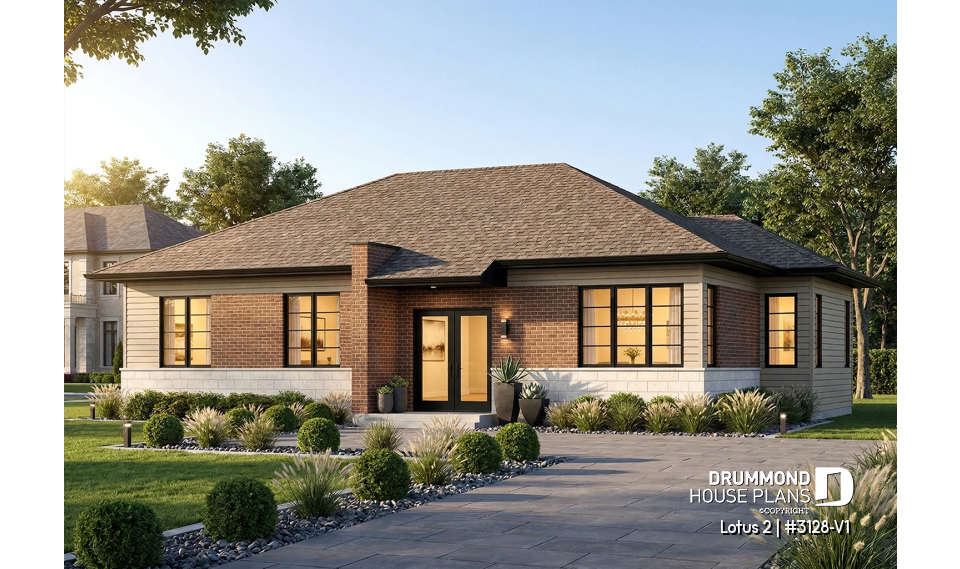 front - BASE MODEL - 3 bedroom modern house plan, open living space, affordable to build, great look - Lotus 2