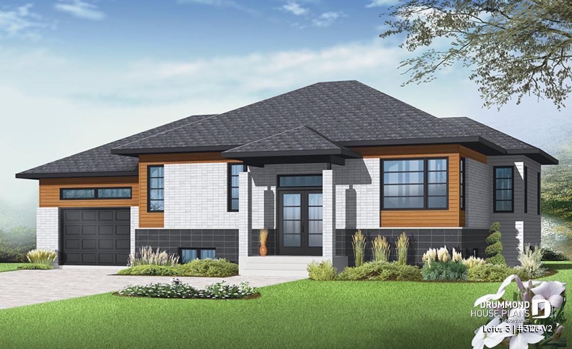 front - BASE MODEL - Affordable Contemporary 2 bedroom split level house model with one-car garage, open concept, kitchen island - Lotus 3