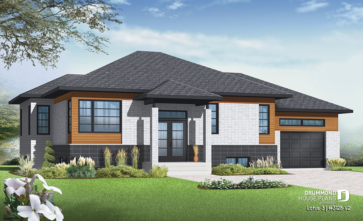 front - BASE MODEL - Affordable Contemporary 2 bedroom split level house model with one-car garage, open concept, kitchen island - Lotus 3