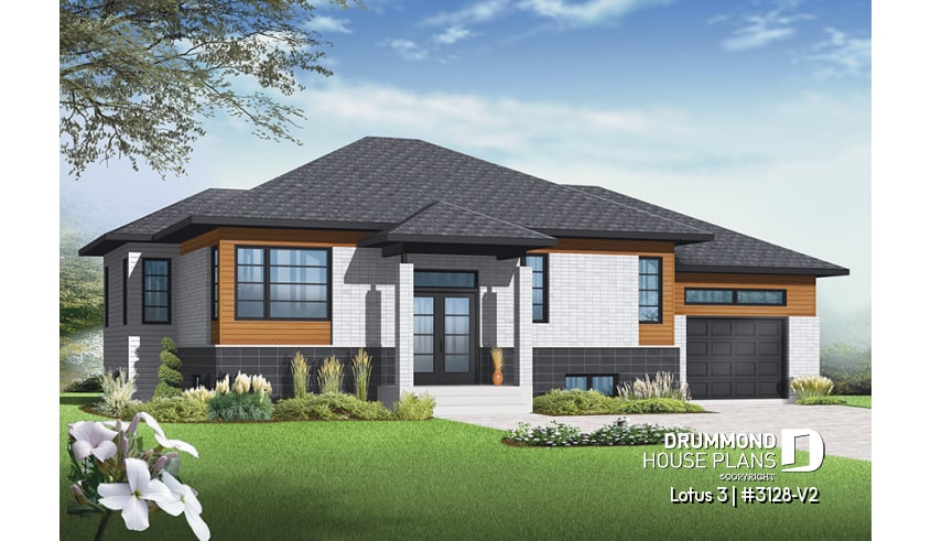 front - BASE MODEL - Affordable Contemporary 2 bedroom split level house model with one-car garage, open concept, kitchen island - Lotus 3