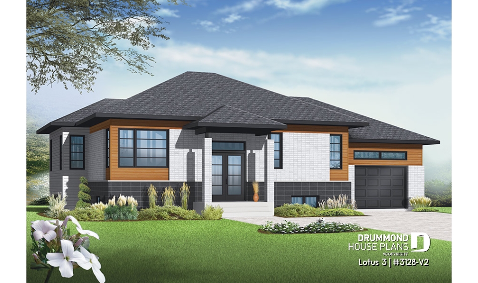 front - BASE MODEL - Affordable Contemporary 2 bedroom split level house model with one-car garage, open concept, kitchen island - Lotus 3