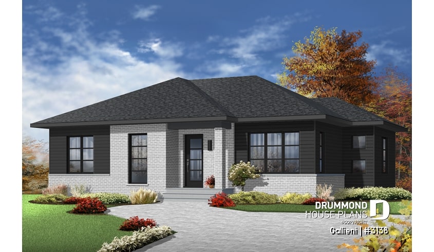 Color version 4 - Front - Economical Contemporary Modern House Plan with open floor plan layout, large kitchen island - Gallieni