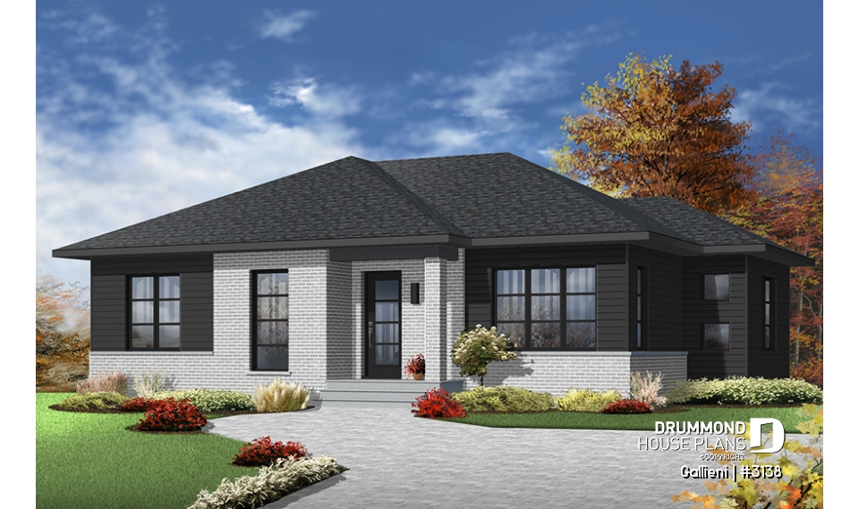Color version 4 - Front - Economical Contemporary Modern House Plan with open floor plan layout, large kitchen island - Gallieni