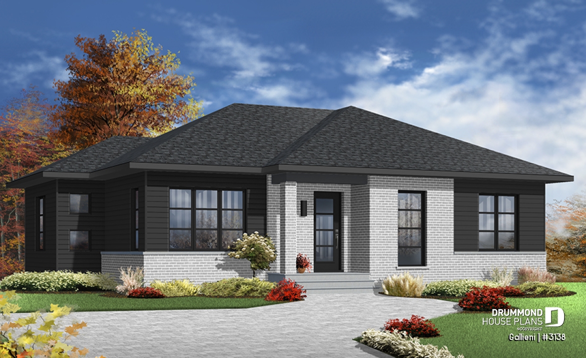 Color version 4 - Front - Economical Contemporary Modern House Plan with open floor plan layout, large kitchen island - Gallieni