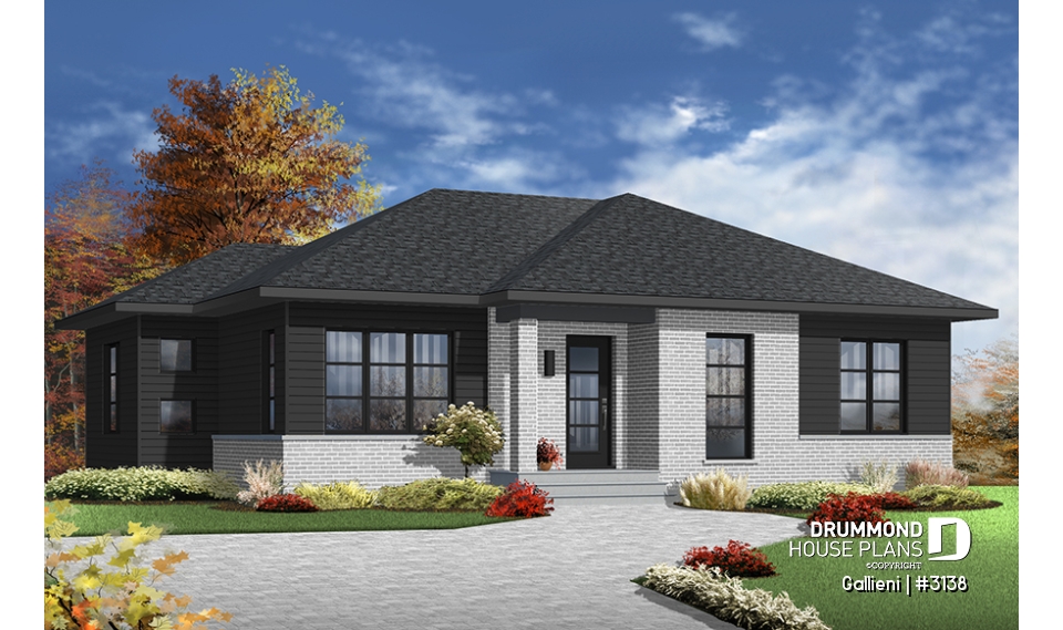 Color version 4 - Front - Economical Contemporary Modern House Plan with open floor plan layout, large kitchen island - Gallieni
