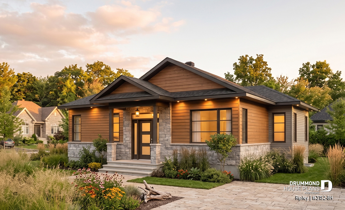 front - BASE MODEL - 2 bedroom Rustic Modern home plan, split entry, large kitchen island, large full bathroom - Ripley