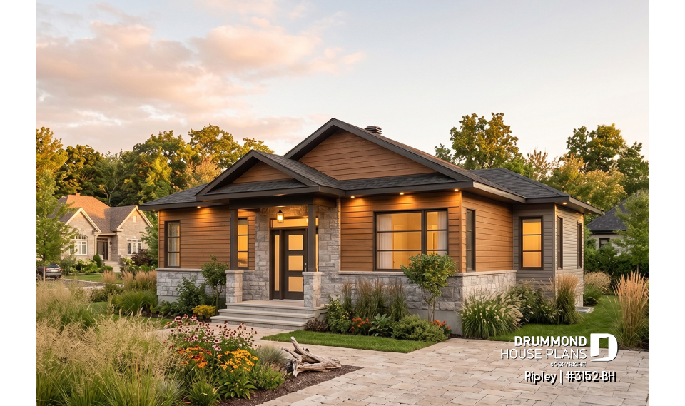 front - BASE MODEL - 2 bedroom Rustic Modern home plan, split entry, large kitchen island, large full bathroom - Ripley
