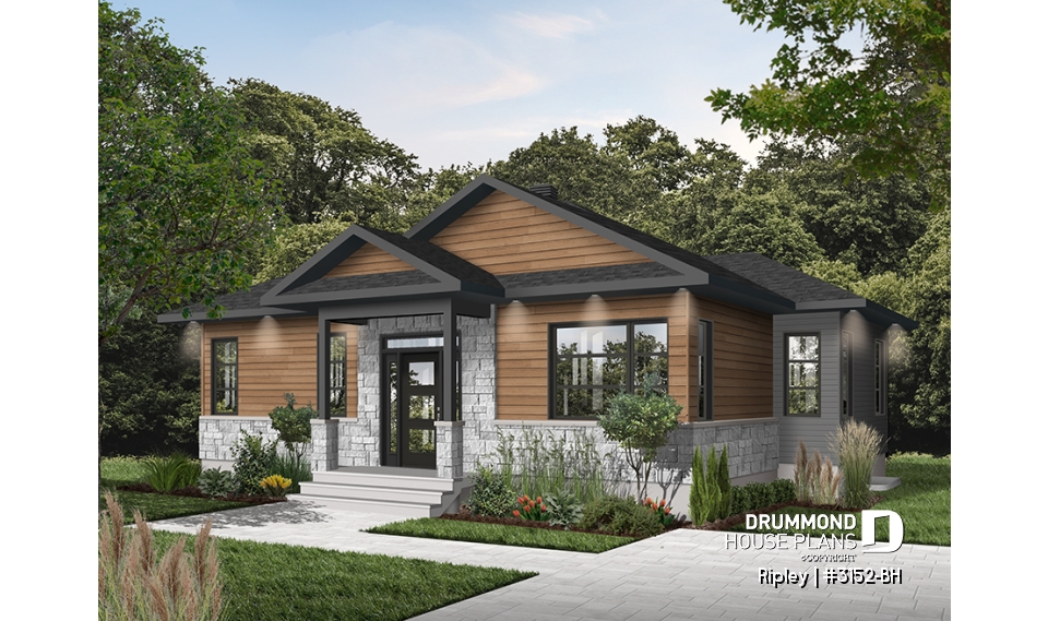 front - BASE MODEL - 2 bedroom Rustic Modern home plan, split entry, large kitchen island, large full bathroom - Ripley