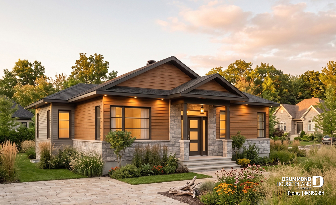 front - BASE MODEL - 2 bedroom Rustic Modern home plan, split entry, large kitchen island, large full bathroom - Ripley