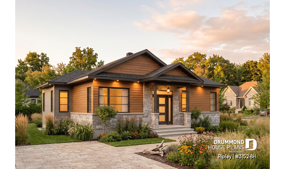 front - BASE MODEL - 2 bedroom Rustic Modern home plan, split entry, large kitchen island, large full bathroom - Ripley