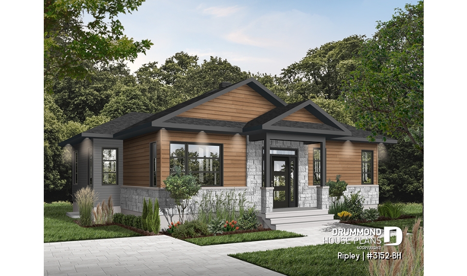 front - BASE MODEL - 2 bedroom Rustic Modern home plan, split entry, large kitchen island, large full bathroom - Ripley