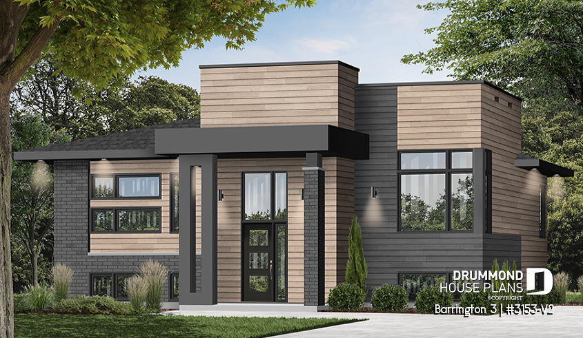 Color version 6 - Front - Small Modern house plan, 2 beds, 10' ceiling in family room, large bathroom, kitchen island - Barrington 3