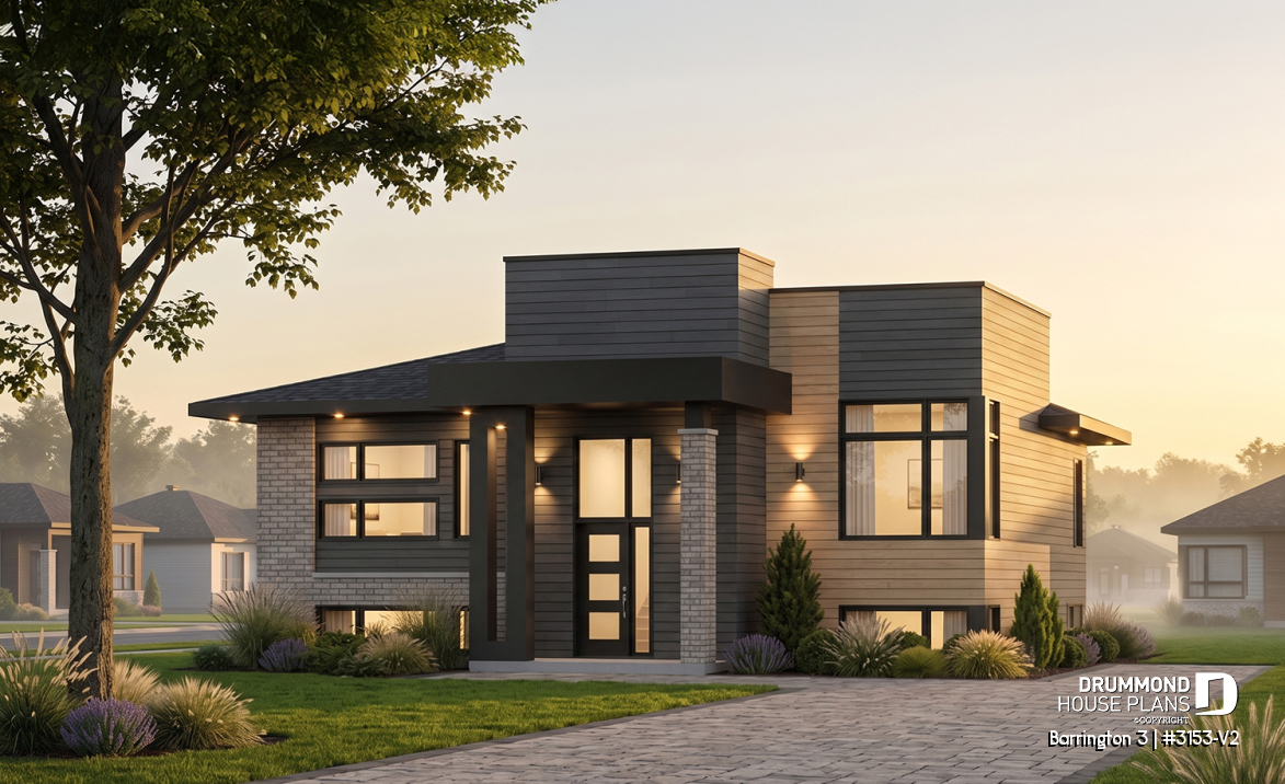 front - BASE MODEL - Small Modern house plan, 2 beds, 10' ceiling in family room, large bathroom, kitchen island - Barrington 3