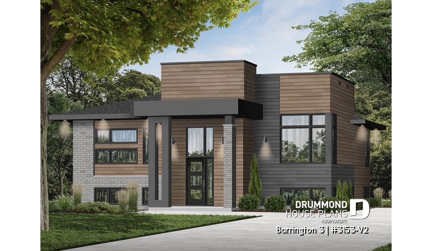 front - BASE MODEL - Small Modern house plan, 2 beds, 10' ceiling in family room, large bathroom, kitchen island - Barrington 3