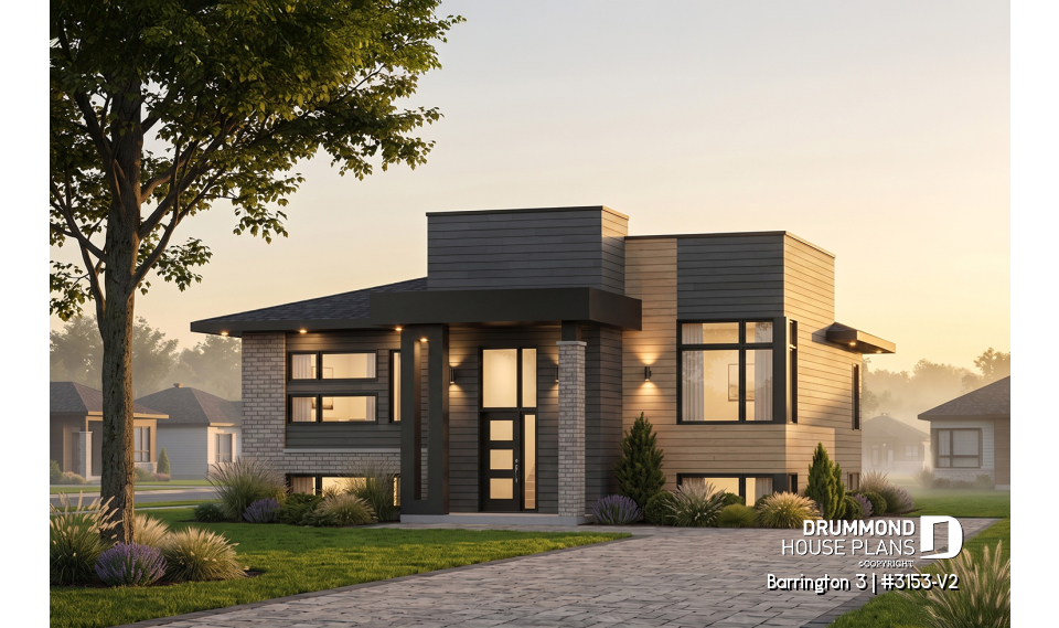 front - BASE MODEL - Small Modern house plan, 2 beds, 10' ceiling in family room, large bathroom, kitchen island - Barrington 3