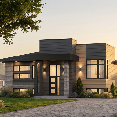 front - BASE MODEL - Small Modern house plan, 2 beds, 10' ceiling in family room, large bathroom, kitchen island - Barrington 3