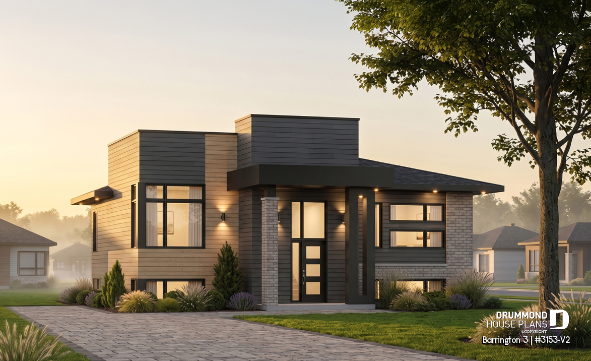 front - BASE MODEL - Small Modern house plan, 2 beds, 10' ceiling in family room, large bathroom, kitchen island - Barrington 3