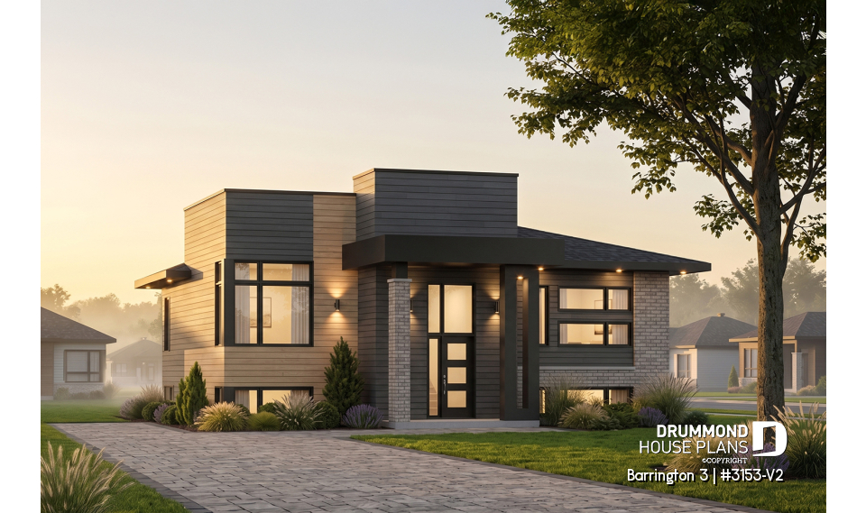 front - BASE MODEL - Small Modern house plan, 2 beds, 10' ceiling in family room, large bathroom, kitchen island - Barrington 3