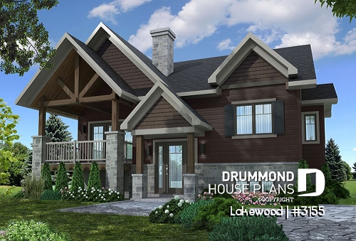 front - BASE MODEL - Rustic bungalow home design with front covered balcony, wood stove fireplace, open concept & appealing design - Lakewood