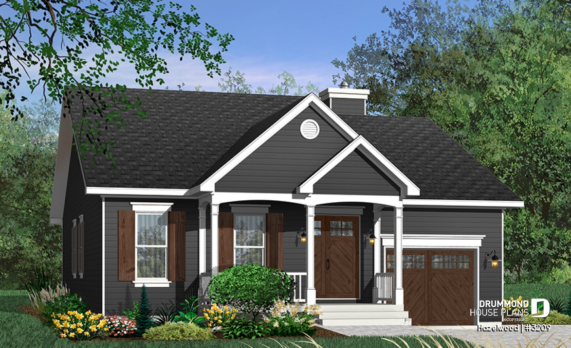 Color version 2 - Front - One-car garage ranch style bungalow, 2 bedrooms, kitchen,  dining and living room at the back of the house - Hazelwood