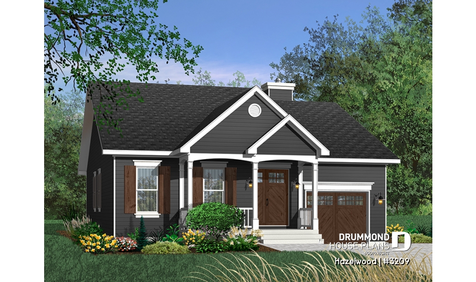 Color version 2 - Front - One-car garage ranch style bungalow, 2 bedrooms, kitchen,  dining and living room at the back of the house - Hazelwood