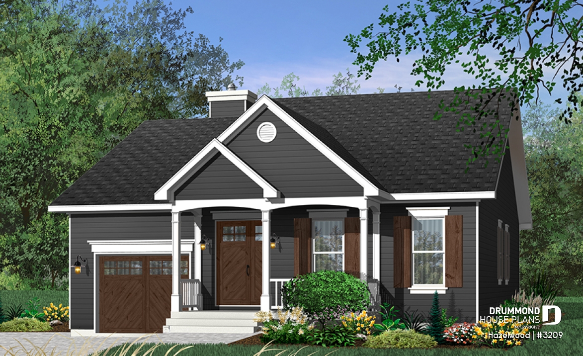 Color version 2 - Front - One-car garage ranch style bungalow, 2 bedrooms, kitchen,  dining and living room at the back of the house - Hazelwood