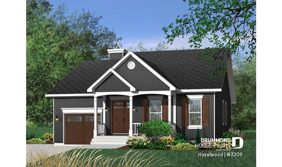 Color version 2 - Front - One-car garage ranch style bungalow, 2 bedrooms, kitchen,  dining and living room at the back of the house - Hazelwood