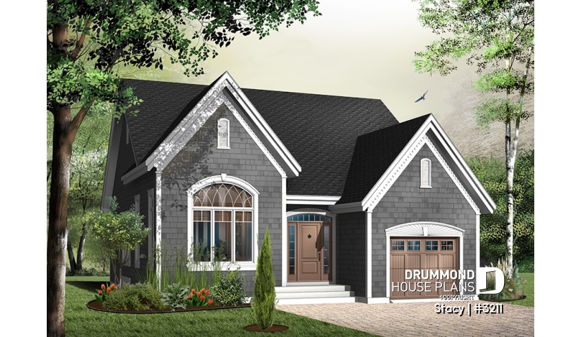 Color version 2 - Front - Small, comfortabe & affordable bungalow house plan, garage, for narrow lot, 2 bedrooms, open plan, 11' ceiling - Stacy