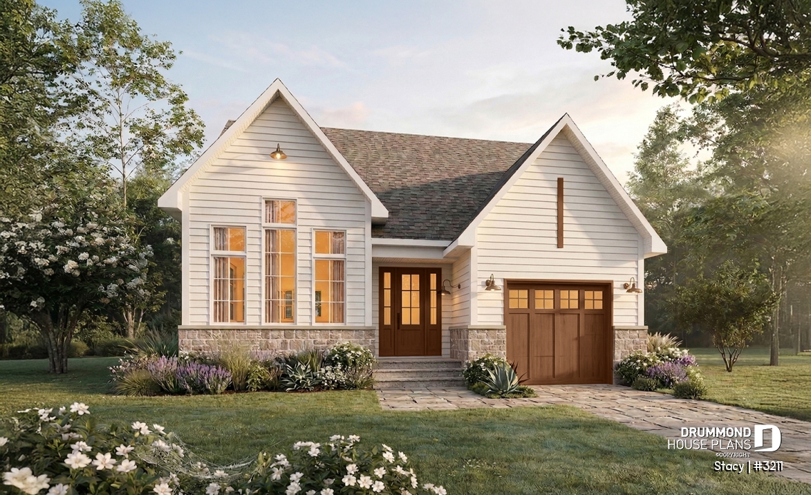 front - BASE MODEL - Single-Story House Plan with Garage, 2 bedrooms on main floor, optional finished basement - Stacy