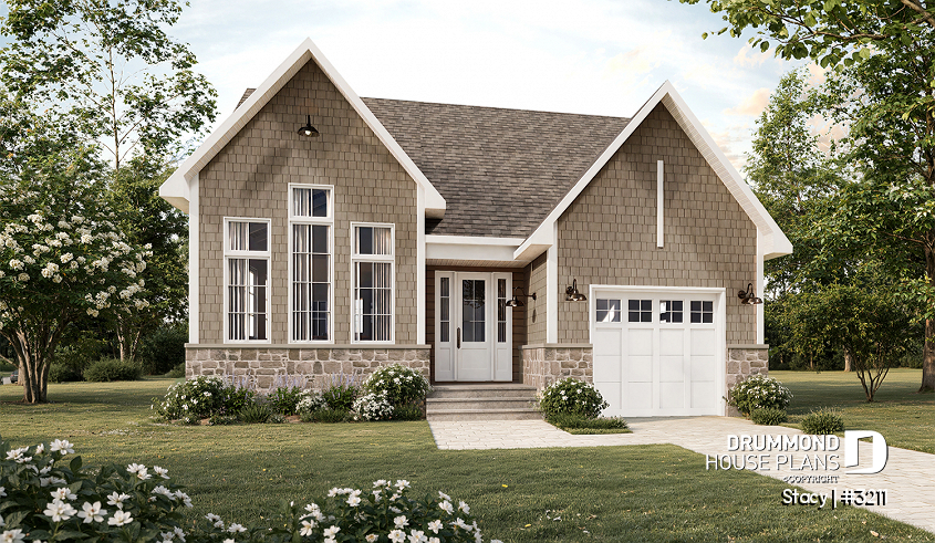 front - BASE MODEL - Single-Story Country House Plan with Single Garage, Cathedral Ceiling and Bright Open Living - Stacy