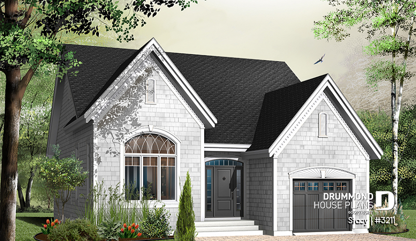 front - BASE MODEL - Small, comfortabe & affordable bungalow house plan, garage, for narrow lot, 2 bedrooms, open plan, 11' ceiling - Stacy