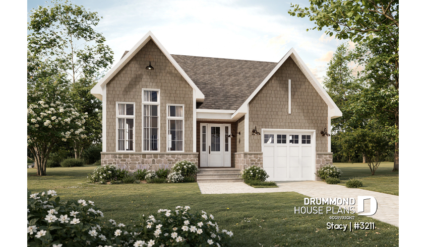 front - BASE MODEL - Single-Story Country House Plan with Single Garage, Cathedral Ceiling and Bright Open Living - Stacy
