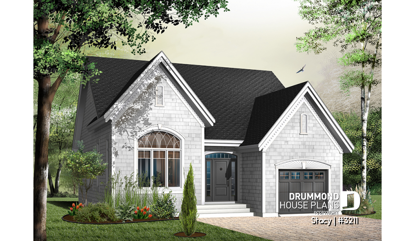 front - BASE MODEL - Small, comfortabe & affordable bungalow house plan, garage, for narrow lot, 2 bedrooms, open plan, 11' ceiling - Stacy