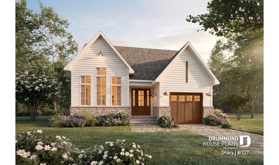 front - BASE MODEL - Single-Story House Plan with Garage, 2 bedrooms on main floor, optional finished basement - Stacy