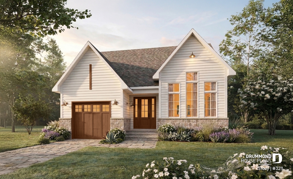 front - BASE MODEL - Single-Story House Plan with Garage, 2 bedrooms on main floor, optional finished basement - Stacy
