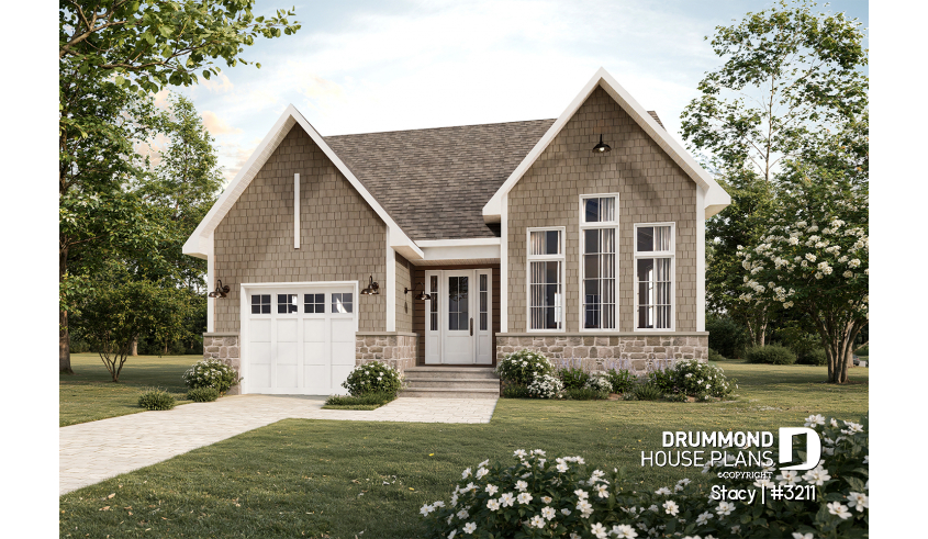 front - BASE MODEL - Single-Story Country House Plan with Single Garage, Cathedral Ceiling and Bright Open Living - Stacy