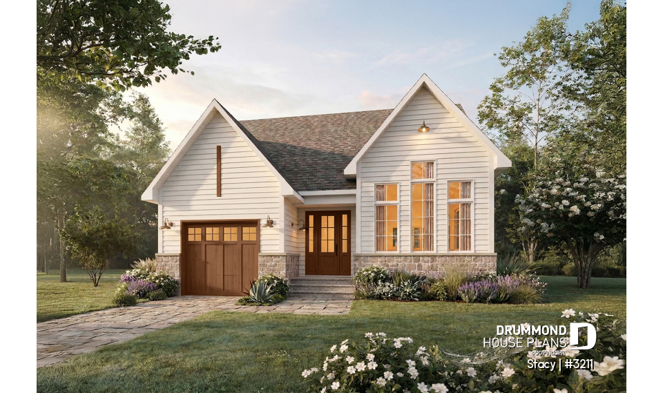 front - BASE MODEL - Single-Story House Plan with Garage, 2 bedrooms on main floor, optional finished basement - Stacy