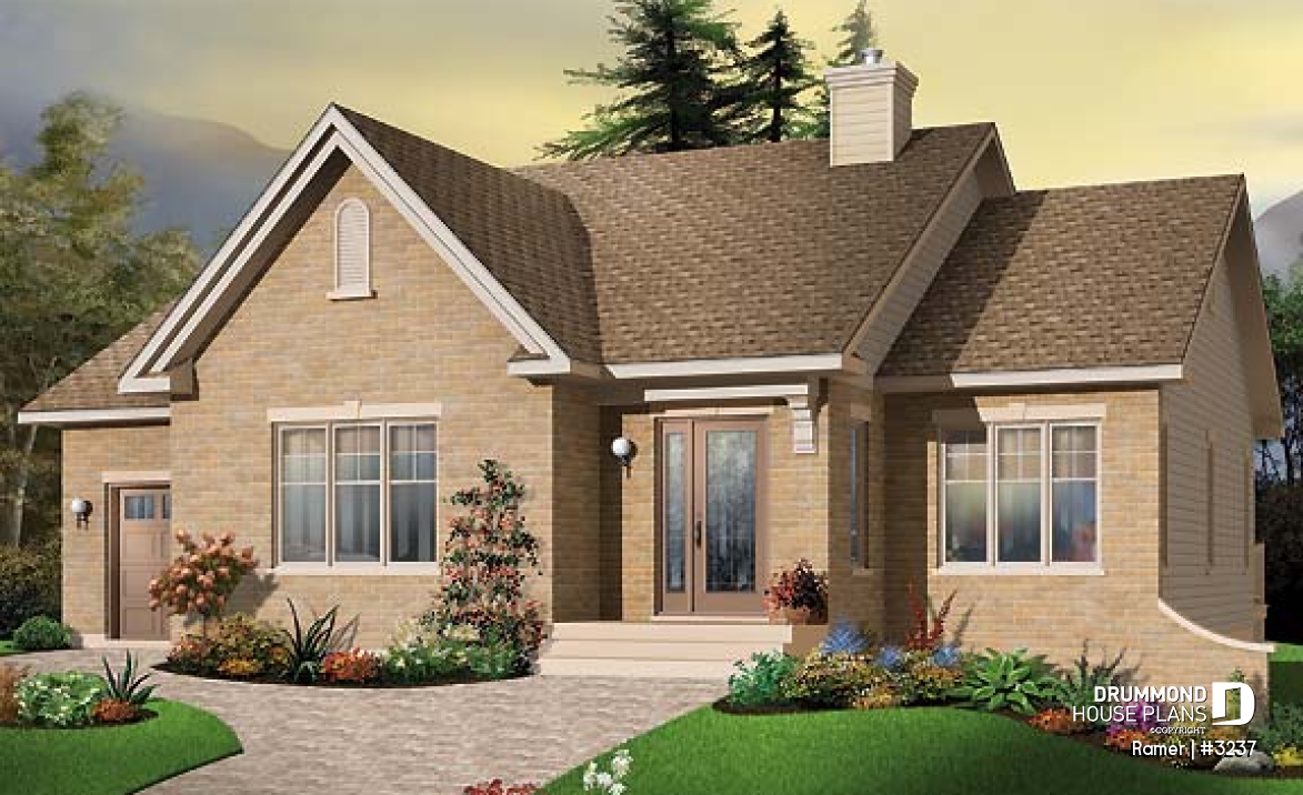 front - BASE MODEL - 2 bedroom European style house plan with sunken living room, fireplace and garage - Ramer