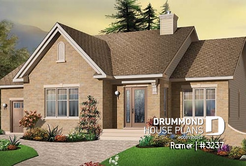 front - BASE MODEL - 2 bedroom European style house plan with sunken living room, fireplace and garage - Ramer
