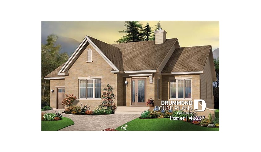 front - BASE MODEL - 2 bedroom European style house plan with sunken living room, fireplace and garage - Ramer