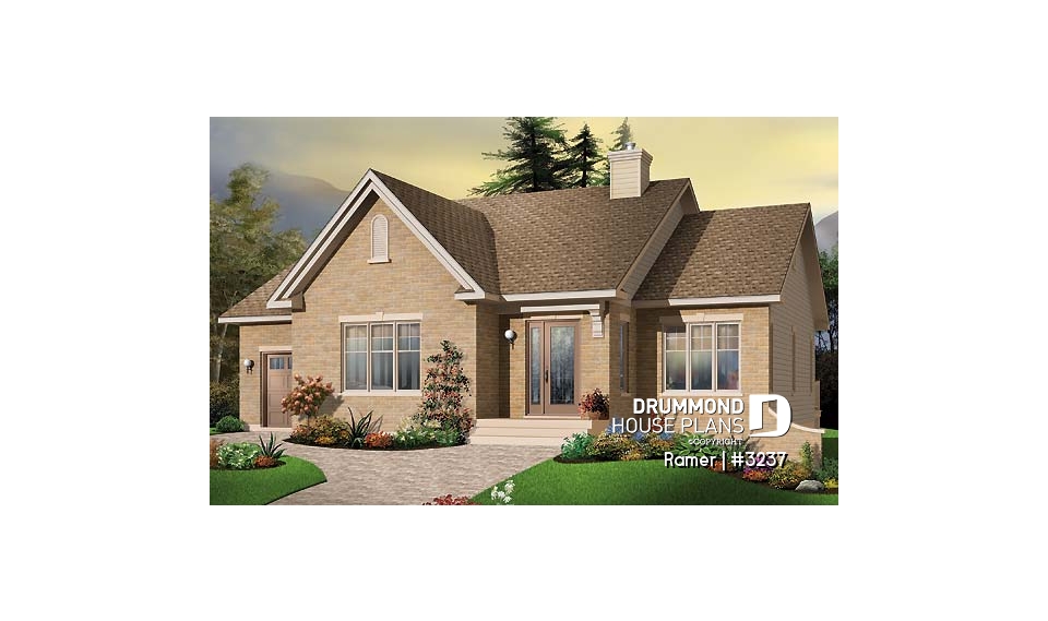 front - BASE MODEL - 2 bedroom European style house plan with sunken living room, fireplace and garage - Ramer