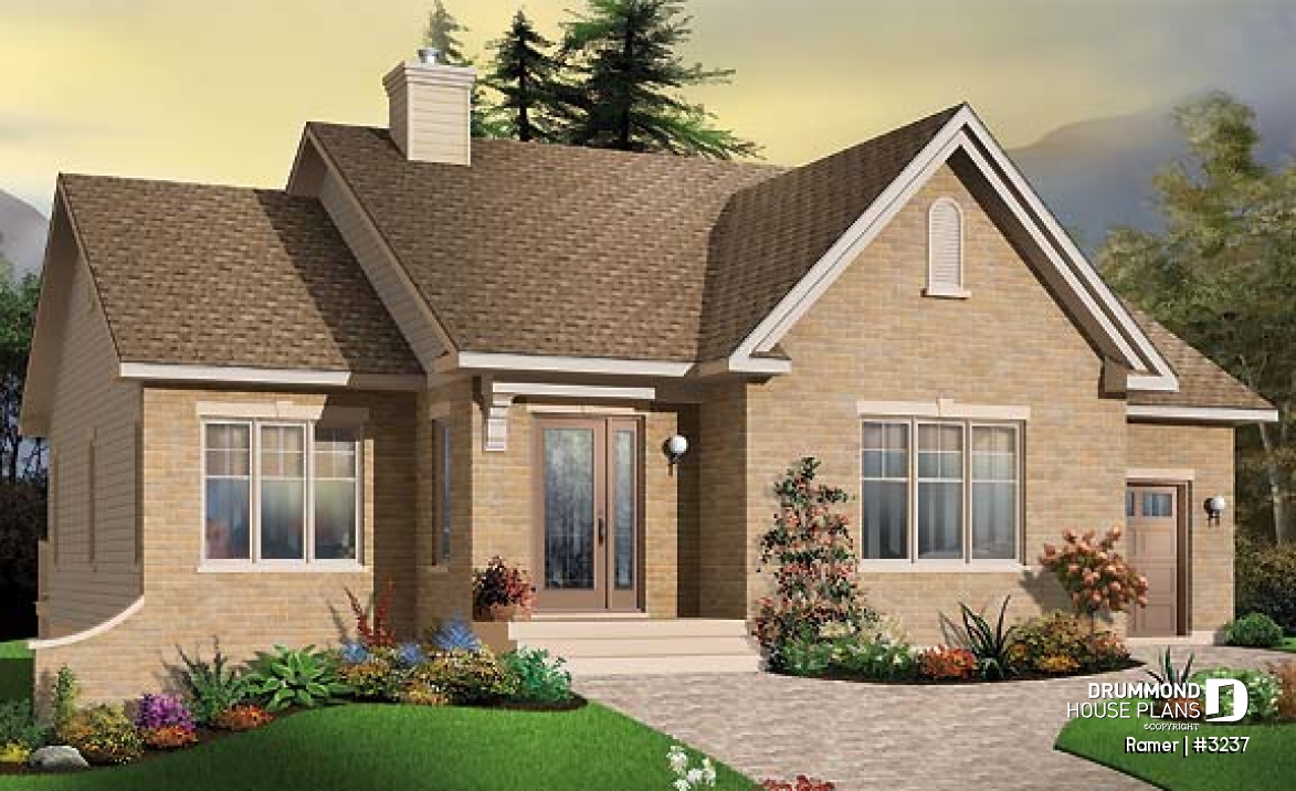 front - BASE MODEL - 2 bedroom European style house plan with sunken living room, fireplace and garage - Ramer
