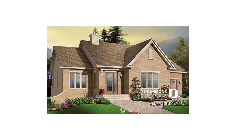 front - BASE MODEL - 2 bedroom European style house plan with sunken living room, fireplace and garage - Ramer